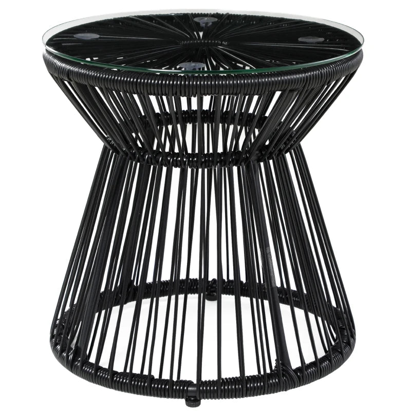 Black Rattan Drum Coffee Table with Glass Top for Outdoor Spaces