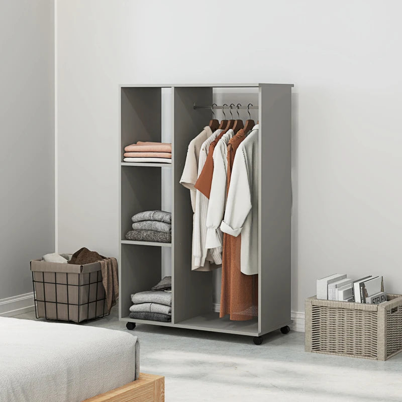 Mobile Open Wardrobe with Clothes Hanging Rail and Storage Shelves for Bedroom or Hallway Grey