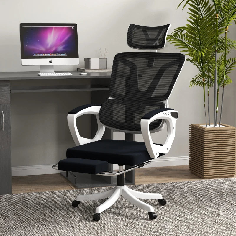 Vinsetto Ergonomic High Back Office Chair - Reclining Mesh Desk Chair with Adjustable Headrest, Lumbar Support & Foot Rest - Black