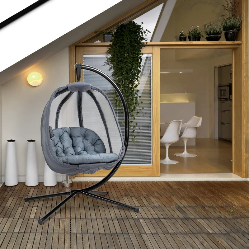 Grey Hanging Egg Chair with Side Pocket and Stand