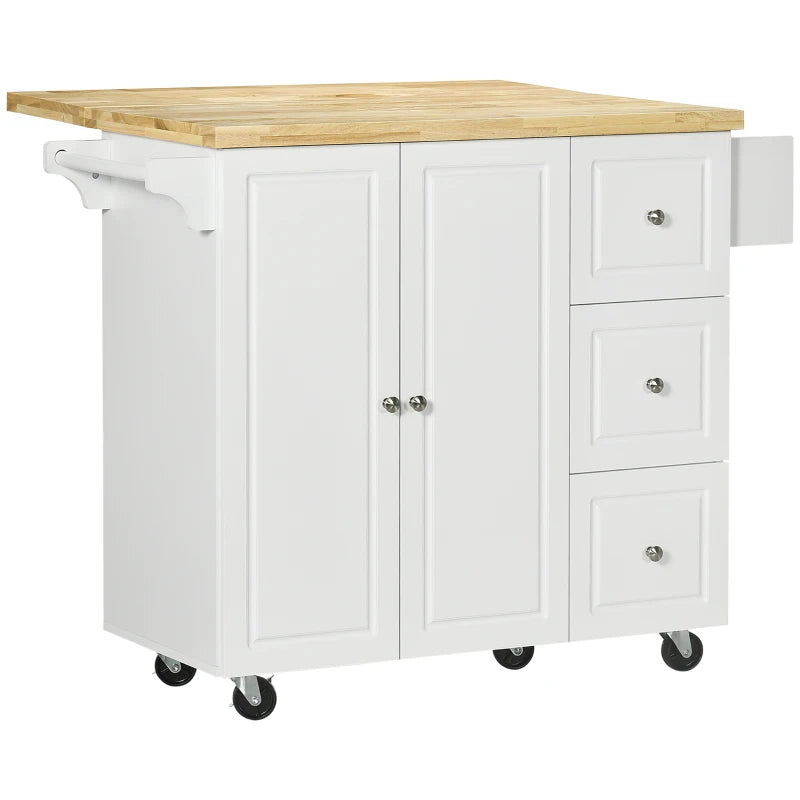 Drop-Leaf Kitchen Island on Wheels - Extendable Rubber Wood Worktop, Rolling Storage Trolley with Drawers & Cabinet, White