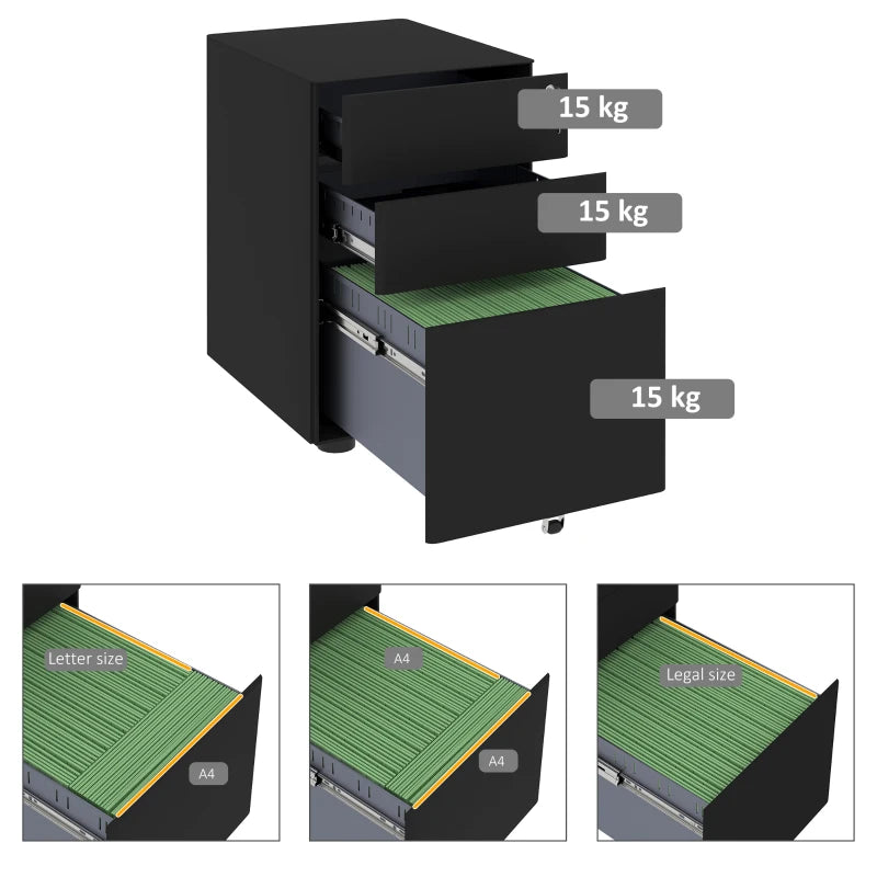Vinsetto Lockable Rolling Filing Cabinet - 3 Drawer Steel Office Storage Unit for A4, Letter & Legal Files