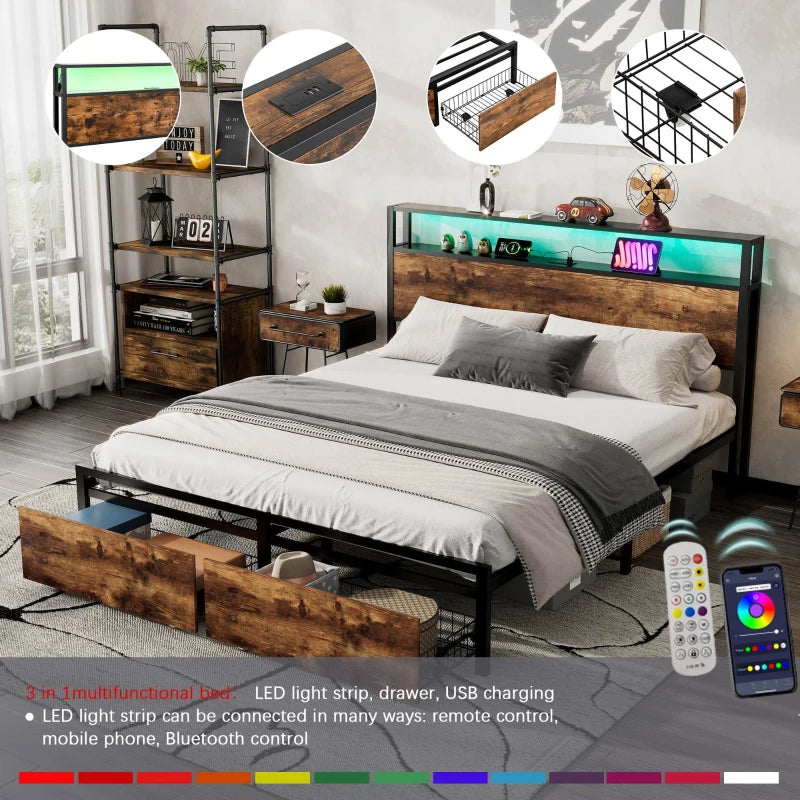 Metal Double Bed with LED Light Strip, 4 Drawers & 3 USB Ports - Black & Dark Walnut, 207.5x135x105 cm