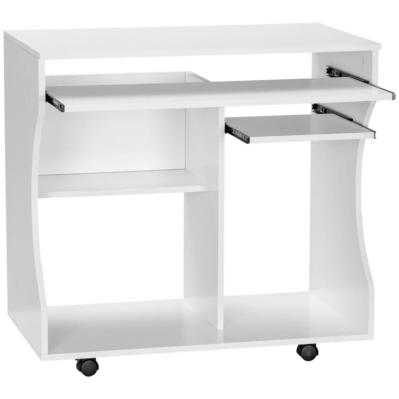 Multi-Storage Compact Work Desk on Wheels - Modern White Home Office Furniture for Small Spaces