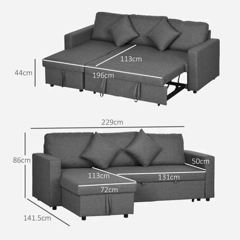 Stylish Dark Grey Corner Sofa Bed with Storage, 3-Seater Pull-Out Design, Reversible Chaise for Living Room