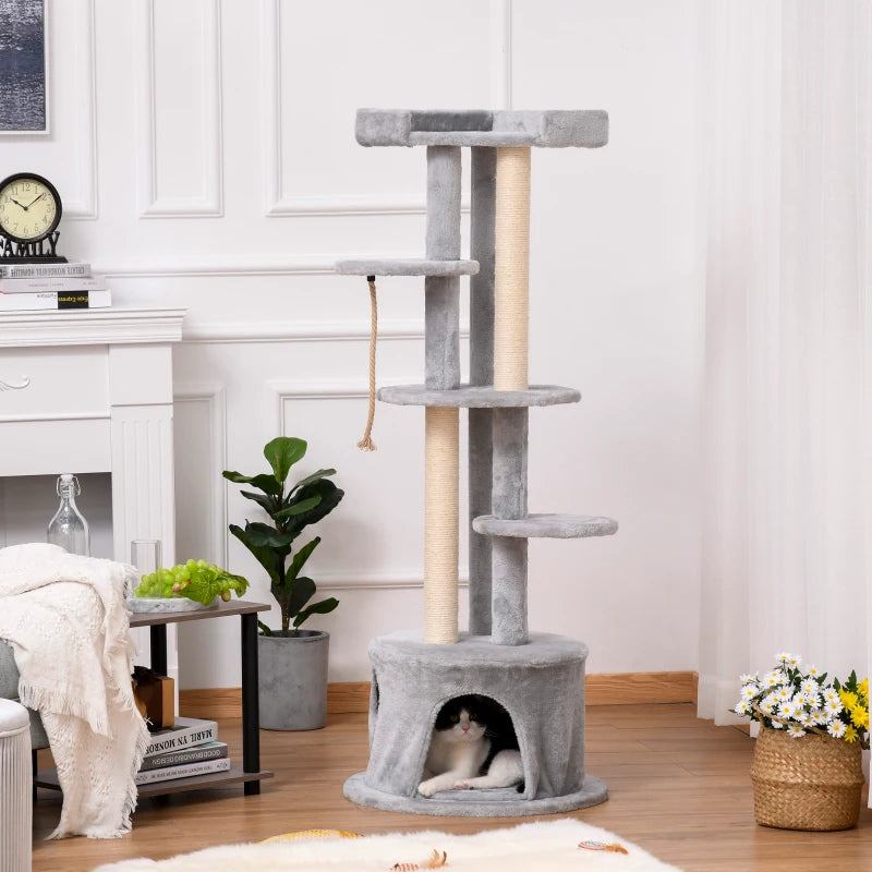 Multi-Level Cat Tree for Indoor Cats - Plush Kitten Tower with Scratching Post, Condo, and Hanging Ropes - Grey Pet Furniture
