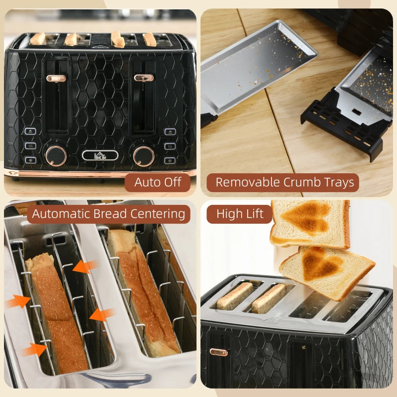4 Slice Toaster with 7 Browning Levels, High Lift, Auto Off, Black Honeycomb Texture - Perfect for Even Toasting