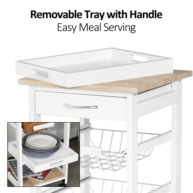 Compact Mobile Rolling Kitchen Island Trolley with Metal Baskets & Shelves - Stylish White Storage Solution on Wheels