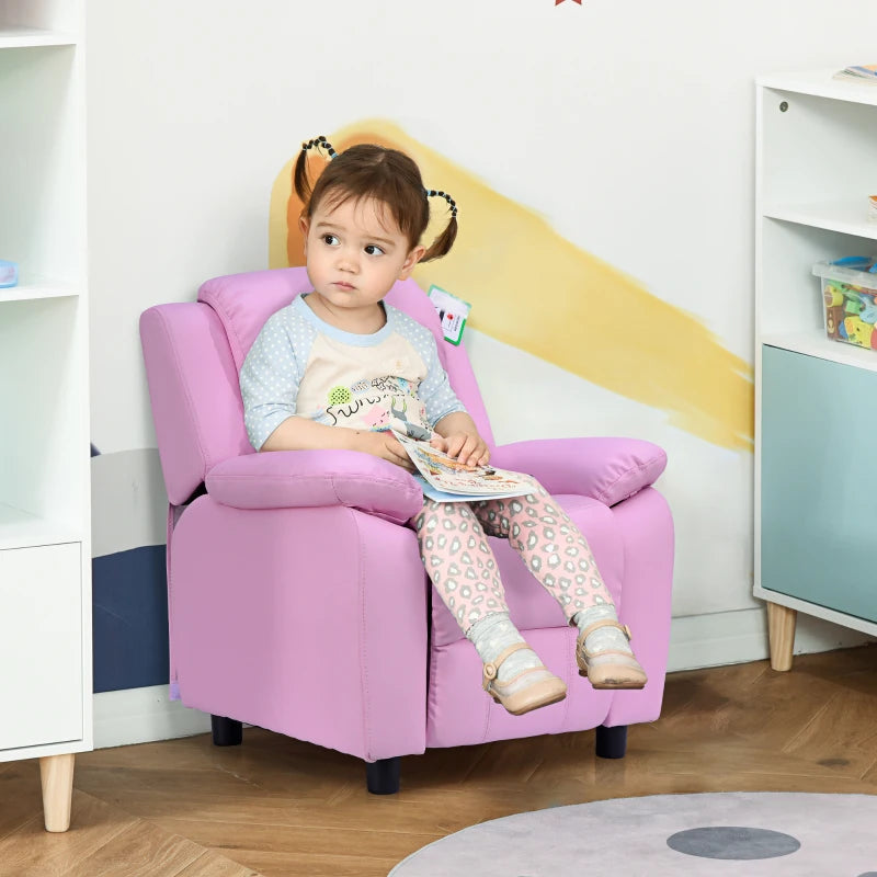 Kids Pink Sofa Armchair Recliner - PU Leather Toddler Lounger with Storage for Games & Playtime