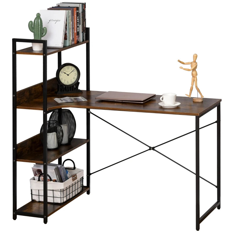 Rustic Brown 120CM Office Desk with Storage Shelves - Industrial Computer Table for Small Home Office Spaces
