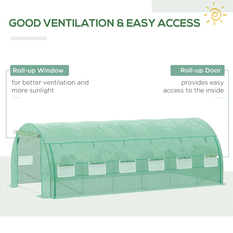 Green Walk-in Polytunnel Greenhouse with Roll-up Sidewalls, Zipped Door, 12 Windows - 6x3x2m