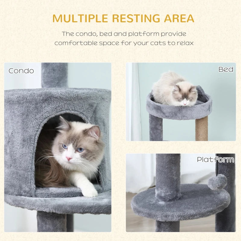 104 cm Grey Cat Tree Condo Tower - Activity Centre with Scratching Posts, Plush Perch & Hanging Ball for Cats