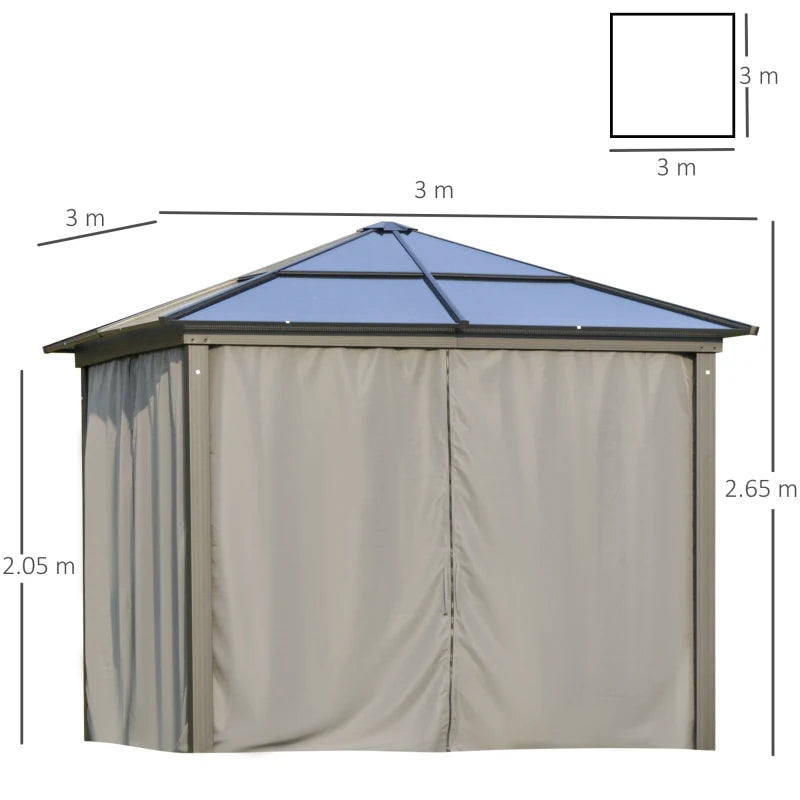 Deluxe 3x3m Garden Gazebo with Curtains & Mosquito Netting – Dark Grey Aluminium Frame & Polycarbonate Roof for Patio