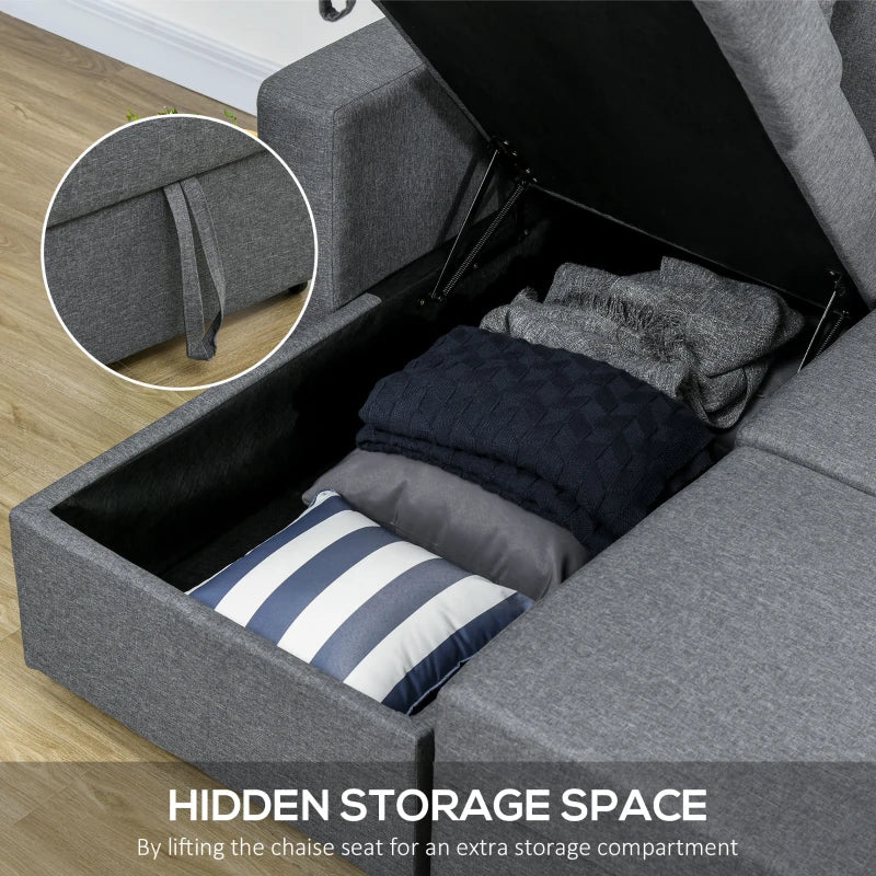 Stylish Dark Grey Corner Sofa Bed with Storage, 3-Seater Pull-Out Design, Reversible Chaise for Living Room