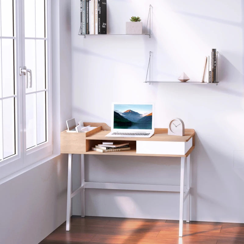 Modern Oak & White Computer Desk with Drawer, Storage, Cable Management - Stylish Writing & Study Workstation, 100x55x81.5cm