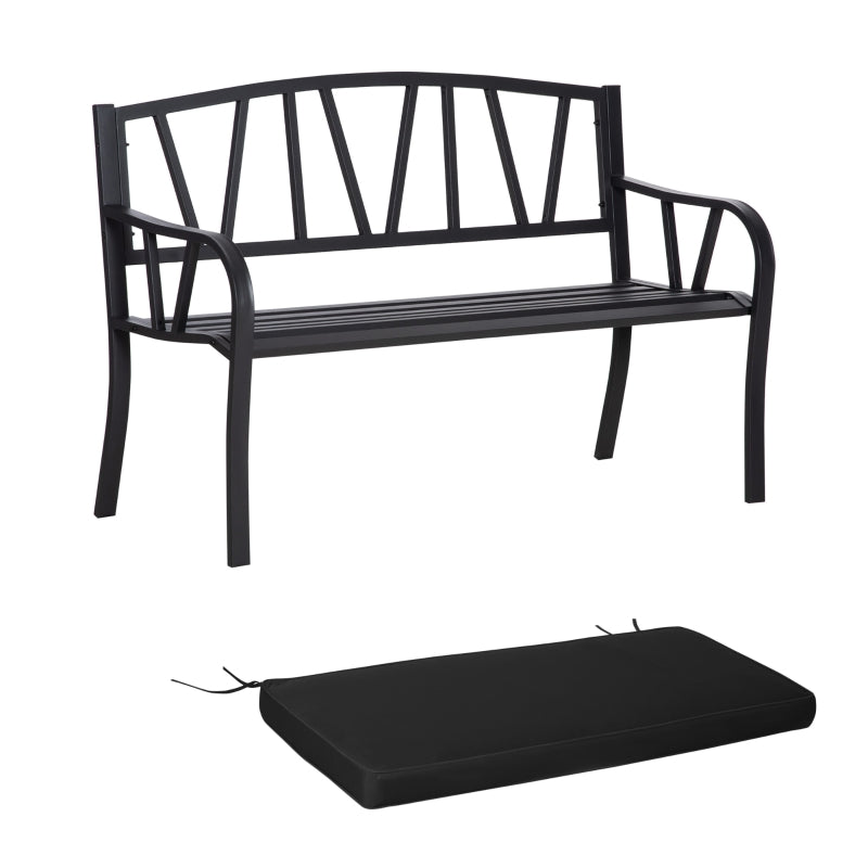 2-Seater Black Metal Garden Bench with Cushion - Slatted Outdoor Loveseat Chair with Decorative Backrest and Armrests