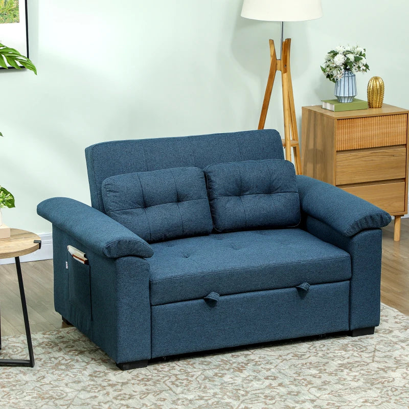 Fabric 2-Seater Click Clack Sofa Bed with Pocket Springs, Convertible Couch with Pillows and Side Pockets in Blue