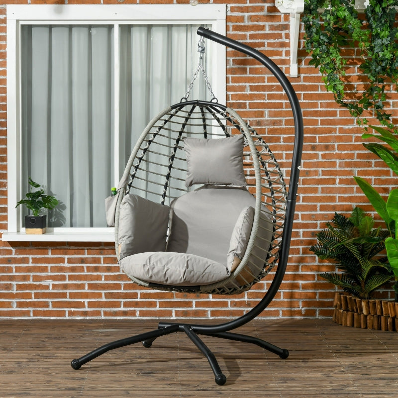 Grey Rattan Hanging Egg Chair with Seat Cushion