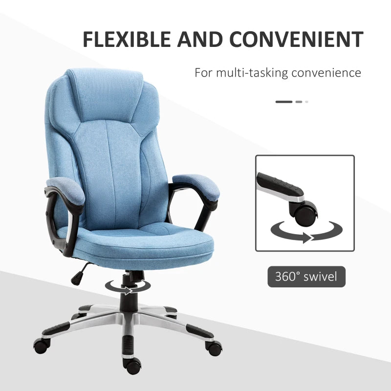 Vinsetto Blue Linen Fabric Office Chair - Height Adjustable Desk Chair with Padded Armrests, Swivel Wheels & Tilt Function