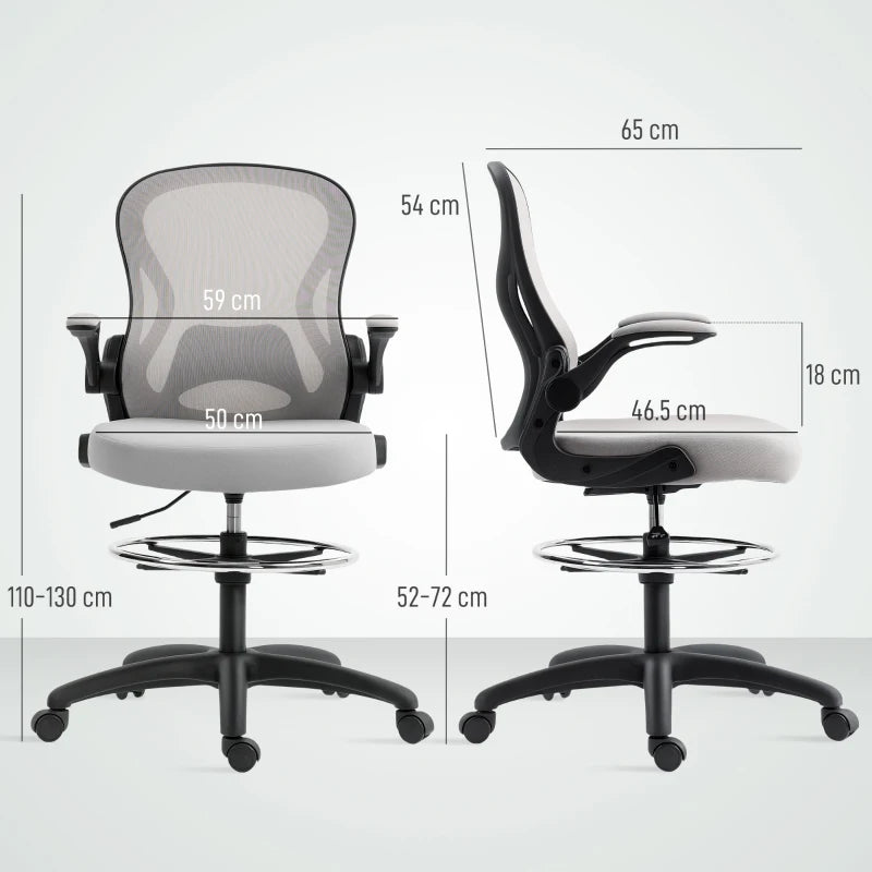 Vinsetto Adjustable Mesh Standing Desk Chair - Flip-up Armrests, Lumbar Support, Adjustable Footrest, Grey - Ergonomic Office Seating