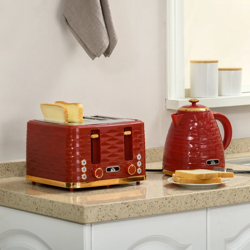 3000W Rapid Boil Kettle & 4 Slice Toaster Set - 1.7L Kettle with 7 Browning Controls, Crumb Tray, Red