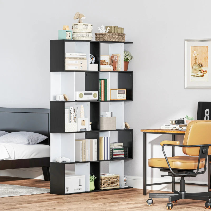S-Shaped Wooden Bookcase - 5/6 Tier Freestanding Storage Shelf for Home Office - Black & White Decorative Display Rack