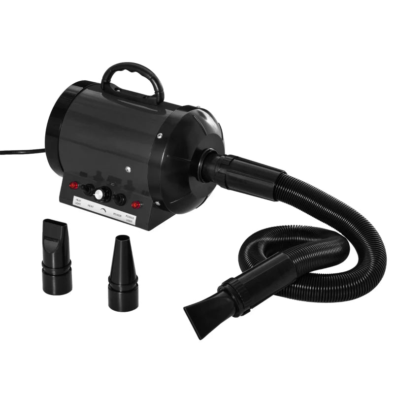 Professional Dog Hair Dryer - Adjustable Speed & Temperature Pet Grooming Blaster with 2.1M Hose & 3 Nozzles - Black