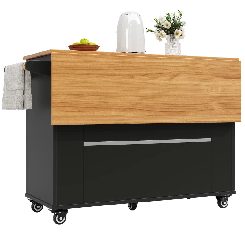 Rolling Mobile Kitchen Island Cart with Storage Drawer & Towel Rack, Drop Leaf Breakfast Bar, 121x70x88 cm, Black