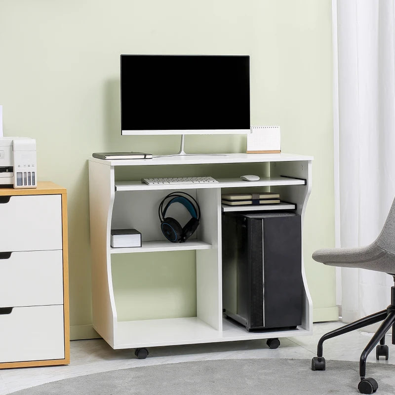 Multi-Storage Compact Work Desk on Wheels - Modern White Home Office Furniture for Small Spaces