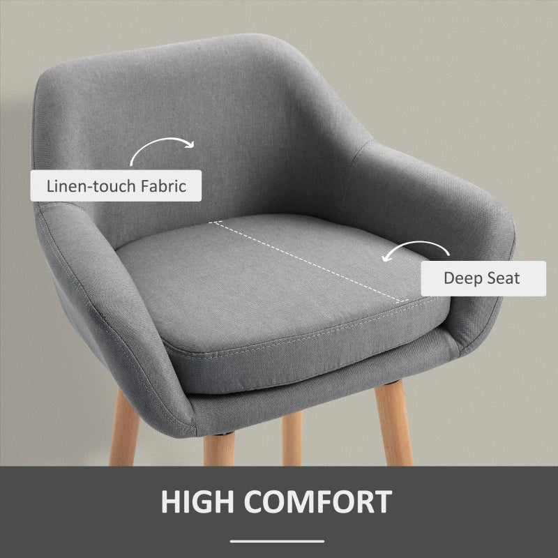 Set of 2 Modern Upholstered Bar Stools with Metal Frame & Solid Wood Legs - Grey Fabric Dining Chairs