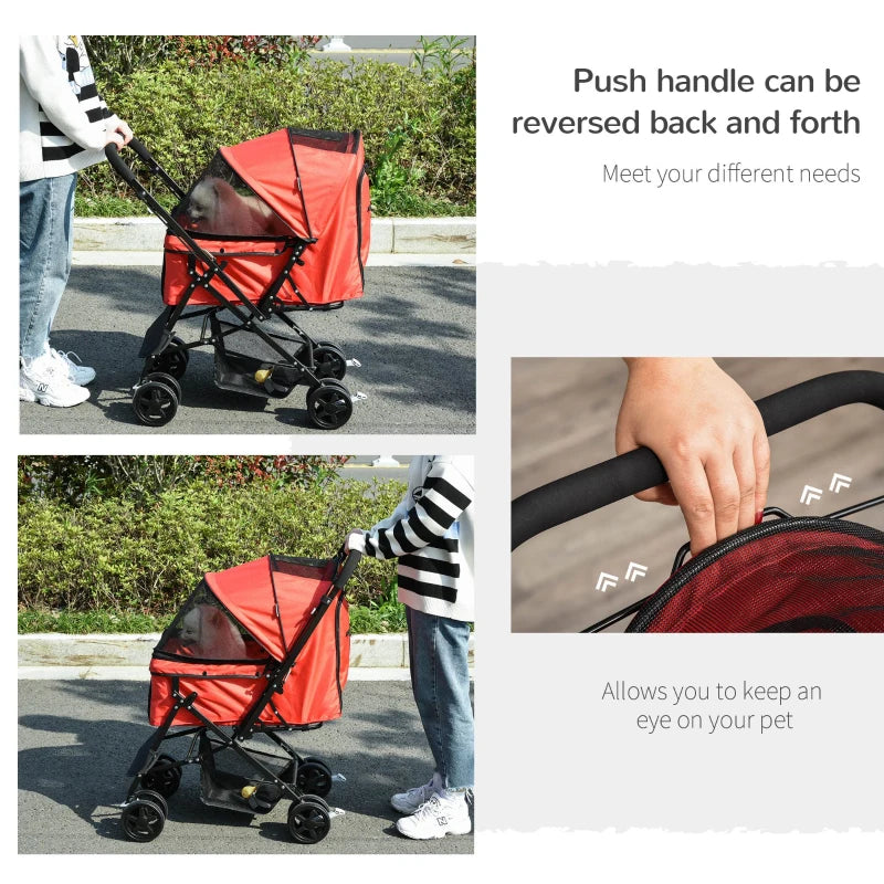 Foldable Pet Stroller for Dogs & Cats - Travel Pushchair with Reversible Handle, Brake & Storage Basket