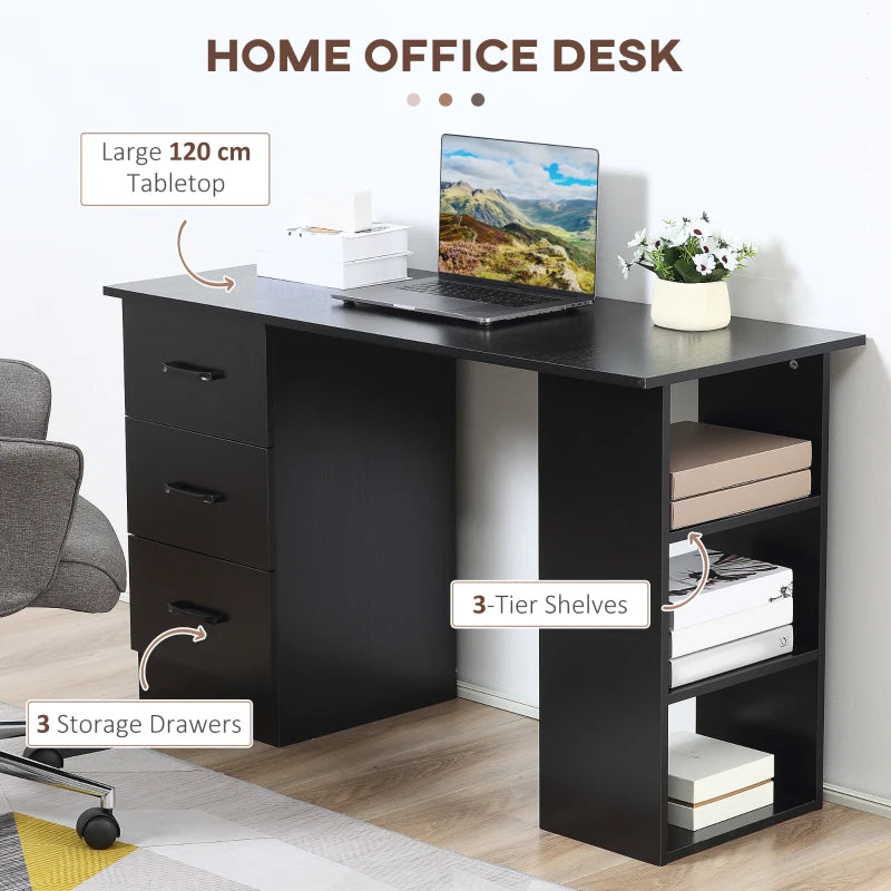 Modern Black Computer Desk with 3 Storage Shelves & Drawers - Stylish Writing Table for Home Office Workstation