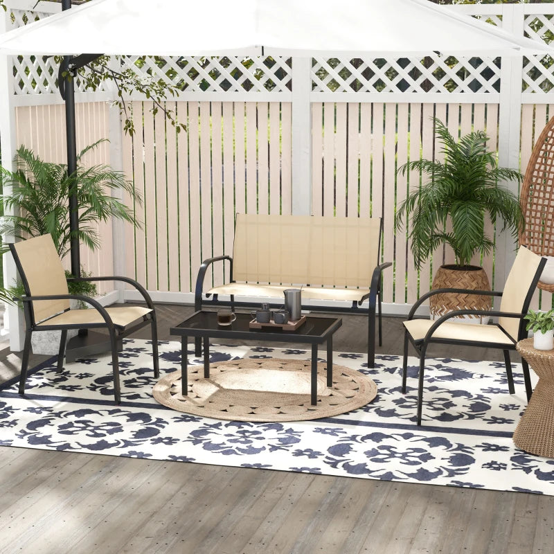 Four-Piece Curved Steel Garden Dining Set in Beige and Grey for Outdoor Relaxation