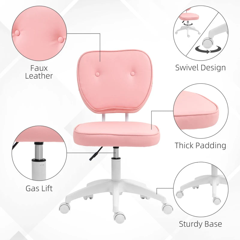 Vinsetto Pink PU Leather Vanity Office Chair - Adjustable Height, Armless, Swivel Wheels, Stylish Computer Chair for Home
