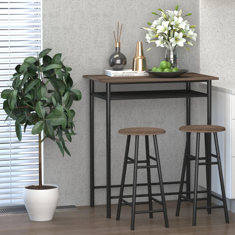 Stylish Black and Oak Bar Table Set with Stools, Footrest & Storage Shelf for Kitchen, Dining Room, Pub, Cafe