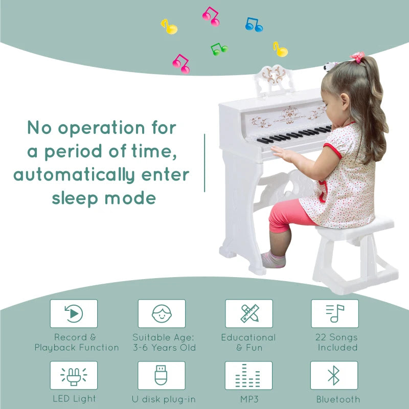 Kids Mini Piano Keyboard Set - Light-Up Electronic Grand Piano Toy with Stool, Microphone & Music Stand - Educational Musical Instrument (White)