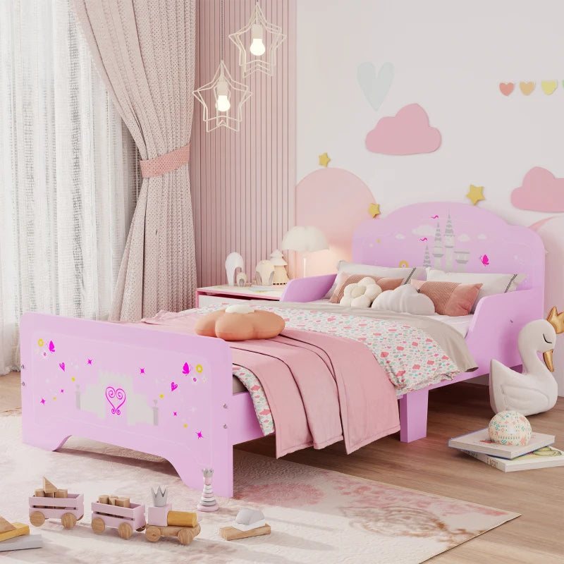 Kids Princess Castle Bed with Side Rails - Pink Home Furniture for Ages 3-6, 143x73x60 cm