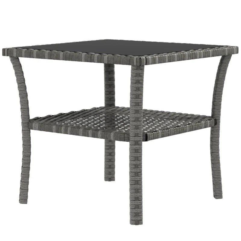 Grey Rattan Two-tier Patio Coffee Table with Glass Top