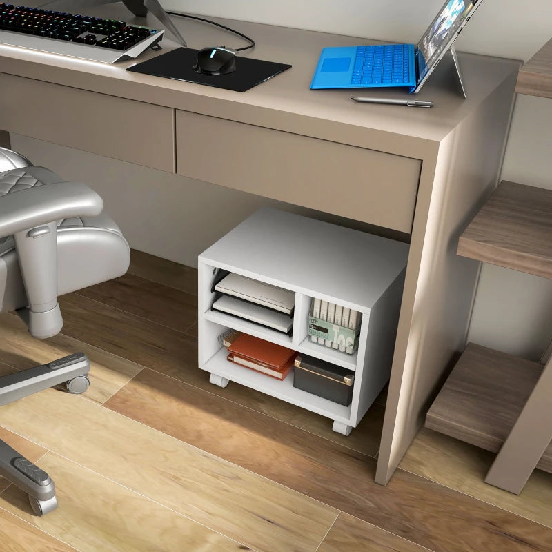 Versatile Three-Compartment Printer Cabinet on Wheels - Stylish White Storage Solution for Home Office and Workspace