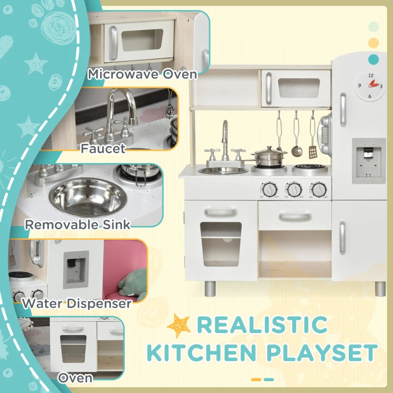 Kids Wooden Pretend Play Kitchen Cooking Set with Phone - Role Play Toy for Boys and Girls - White