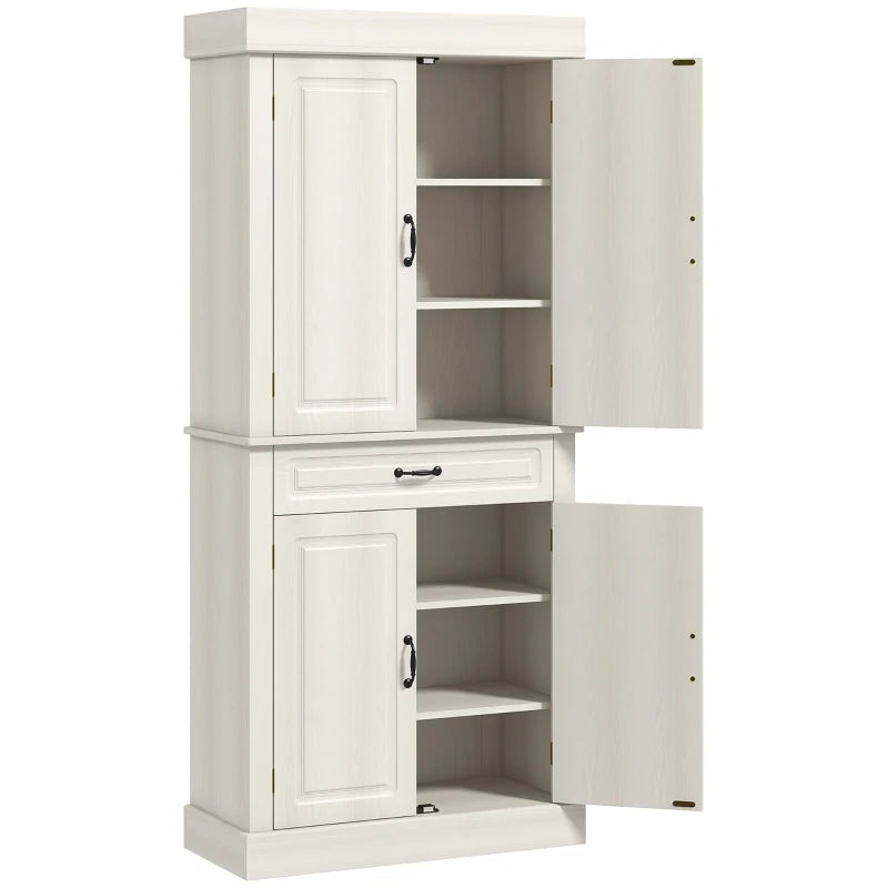 Stylish 180cm White Wood Grain Kitchen Cupboard - 4 Door Freestanding Storage Cabinet with Wide Drawer & Shelves for Living Room