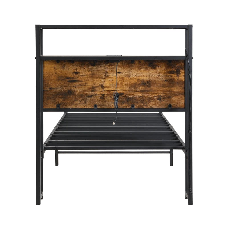 Unique Black Metal Bed with LED Light Strip, USB Ports & Drawer - Modern Bedroom Furniture, 207.5x90.5x105 cm, Dark Walnut Accent
