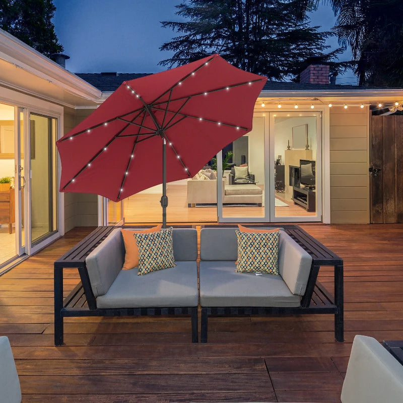 Red 2.7m Patio Garden Umbrella with Tilt Crank and LED Lights