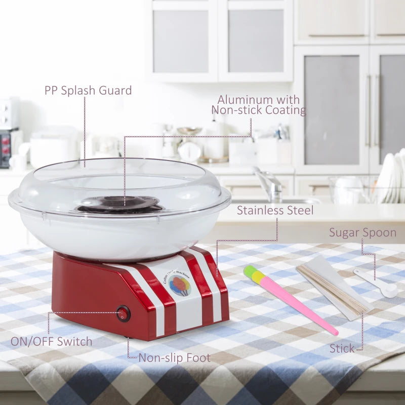 Retro Candy Floss Machine for Kids & Adults - 550W Cotton Candy Maker with 10 Sticks, Non-Slip Base, Red & White