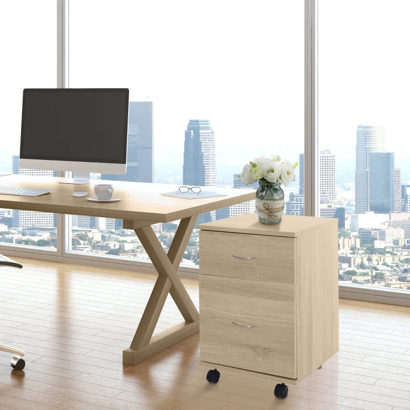 Oak Two Drawer Filing Cabinet on Wheels - Stylish and Functional Storage Solution for Home or Office