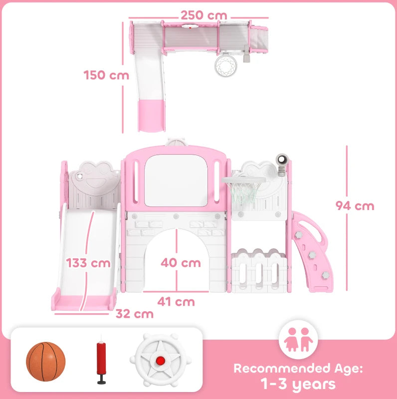 7 in 1 Toddler Slide Set with Basketball Hoop Climbing Frame Telescope Drawing Board Storage Box Pink