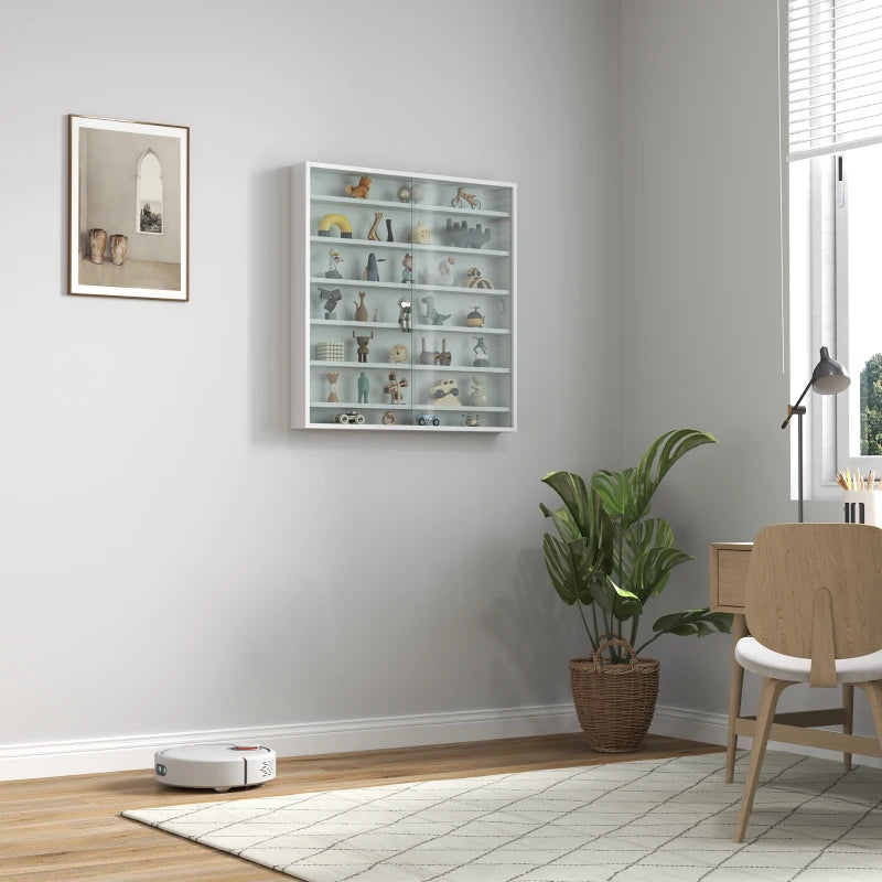 Elegant White Six Shelf Display Cabinet with Glass Doors - Perfect for Home Decor and Storage Solutions