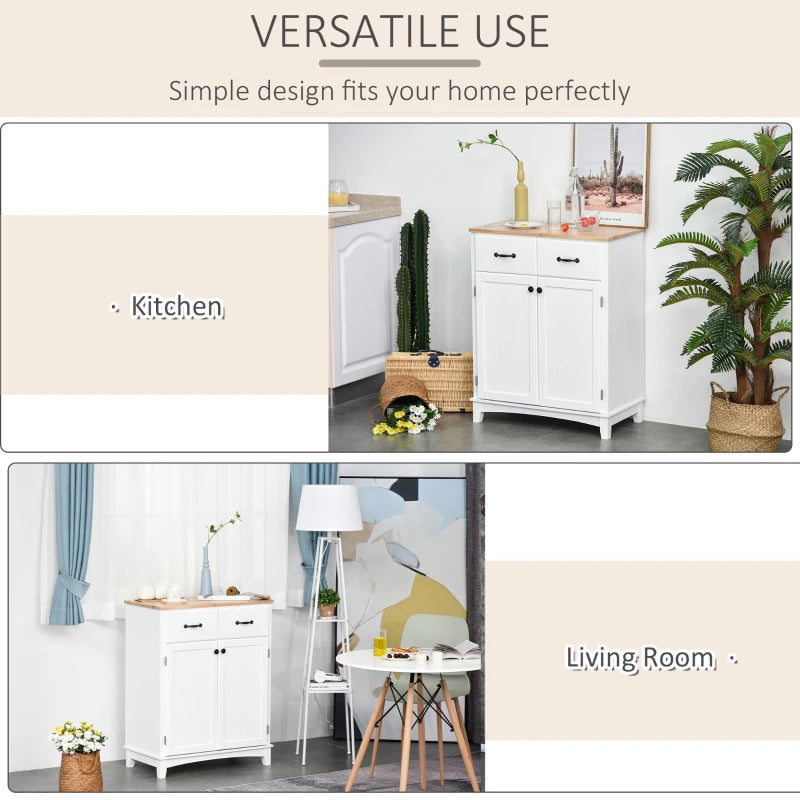 Modern White Wooden Kitchen Cupboard - Stylish Storage Cabinet with 2 Drawers for Dining & Living Room Tableware Organization