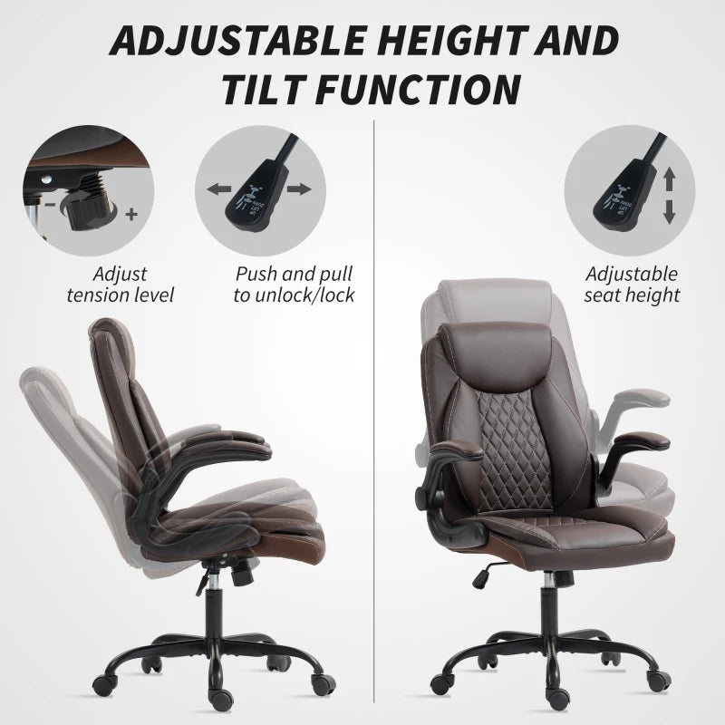 Stylish Brown Faux Leather Office Chair with Flip-Up Armrests - Ergonomic Design for Comfort and Productivity