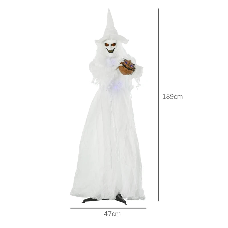 74" Halloween Decorations - Life Size White Witch Holding Pumpkin Head & Skeleton Ghost Prop with Light Up Eyes
